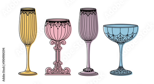 An ornate collection of luxury wine glasses on display showcasing elegance and refinement in a sophisticated setting from a straight-on view