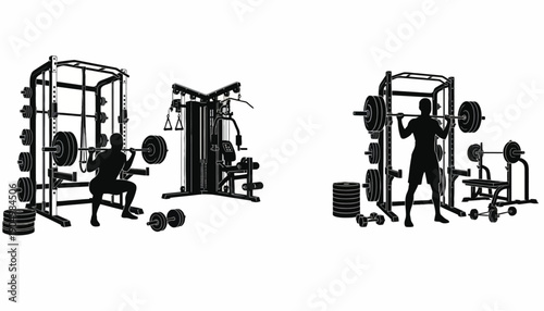 Man works out on multiple gym equipment with weights and machines