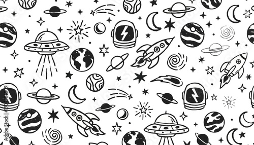 Space scene with UFOs and rockets flying through stars and planets in kDBkc style.