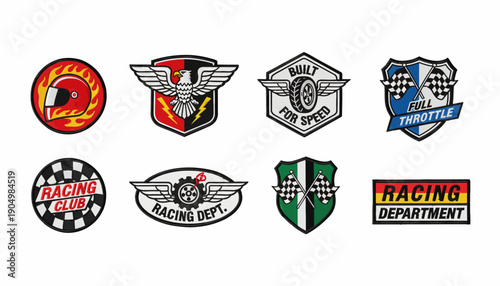 Various racing logos and stickers on a white background featuring kDBkc ai