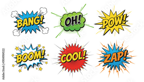 Comic book style speech bubbles with various onomatopoeic words are displayed