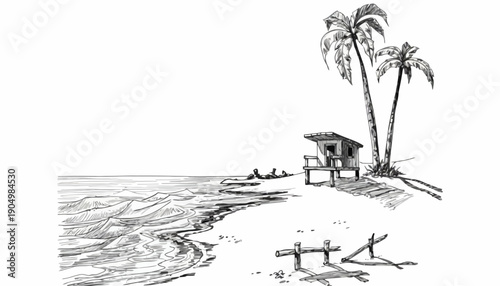 A serene beach scene with a small hut, palm trees, wooden fence, calm waves, and sandy shore at sunset
