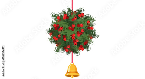 A Christmas wreath adorned with red ornaments and golden bells hangs elegantly from a red ribbon