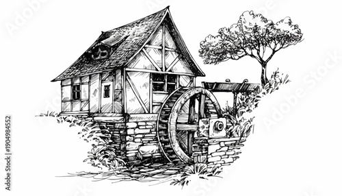 An old water mill house with a large wheel and tree beside it stands near a stream in a rural landscape.