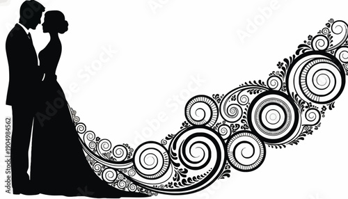 A romantic couple shares a tender moment amidst elegant swirling patterns