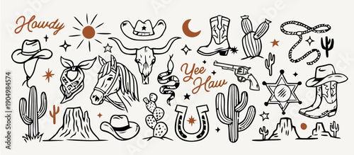Western themed illustrations showcase cowboy hats, horses, cacti, boots, and lassos under the night sky with kDBkc concept.