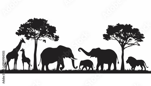 Animals gather under trees in savannah landscape with wildlife present