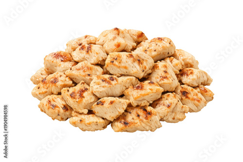 Grilled chicken breast cubes displaying a golden-brown sear, providing a healthy and flavorful meal option. Isolated with transparent background