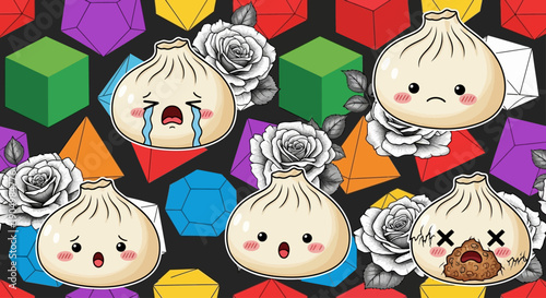 Assorted emotional dumpling characters surrounded by colorful 3D shapes from an overhead viewpoint