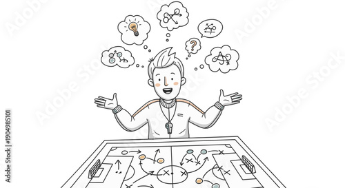 Man overwhelmed by complex maze and thought bubbles.