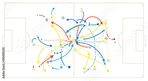 Soccer tactics diagram on a white background with colorful arrows.
