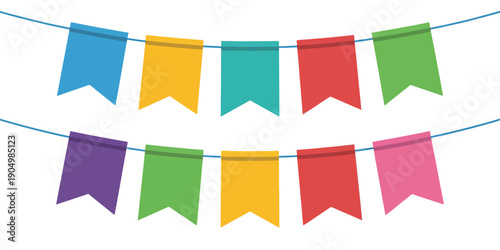 Colorful triangular bunting flags hanging in a festive arrangement isolated on white background, Vector, illustration