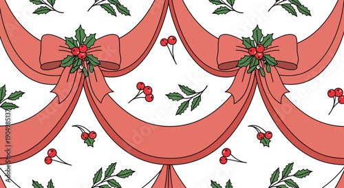 A festive illustration of red ribbons and holly leaves with berries on a seamless pattern