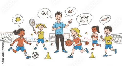 Children playing soccer and basketball with their coach outdoors.