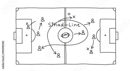Hand drawn soccer field diagram with player positions and movements.