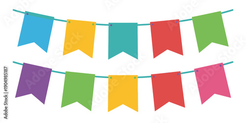 Colorful triangular pennant bunting strung across an invisible line isolated on white background, Vector, illustration