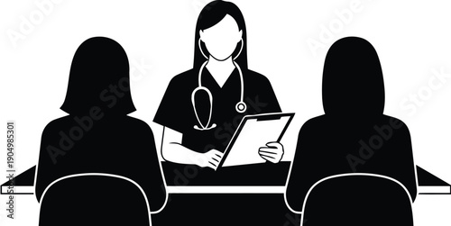 A female doctor discusses with two seated patients in a consultation