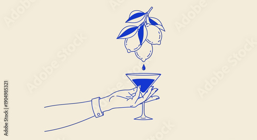 Hand holding martini glass with leaf garnish illustration