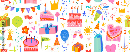 A festive birthday celebration scene with colorful decorations and gifts