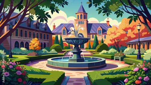 Very beautiful fountain and ornamental gardens at Princeton University, creating a refined academic landscape that blends natural beauty with historic campus design.