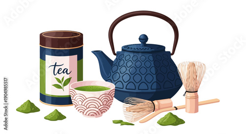 A dark blue teapot and tea accessories arranged on a clean white surface from a high angle view