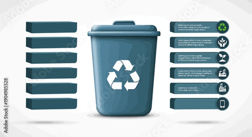 Recycling bin and information panels illustrating the process of recycling and waste management in a modern environment from a front viewpoint