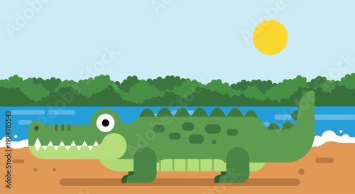 Crocodile standing on sandy beach near water and trees under clear sky