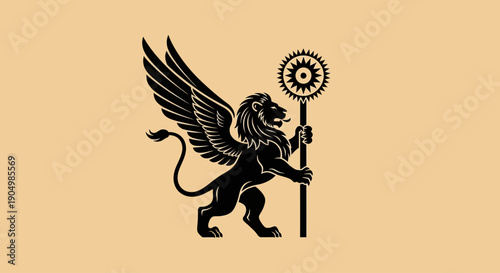 Mythical winged lion holding a staff with a circular emblem, depicted in a black illustration on a solid background, viewed from the side.
