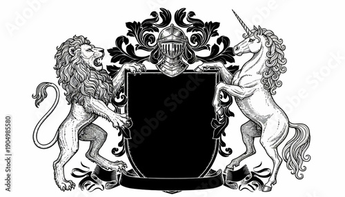 A heraldic crest features a lion and a unicorn on either side of a shield