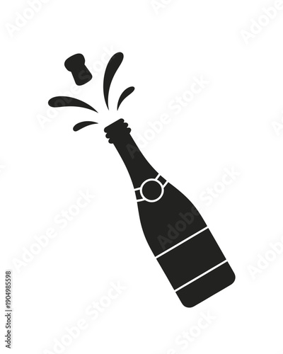Celebratory champagne bottle with popping cork and bubbles isolated on white background, Vector, illustration