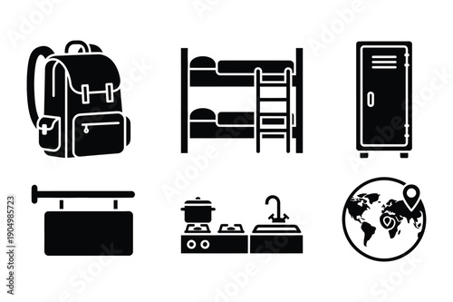Travel and Logistics Icons: Backpack, Bunk Bed, Globe