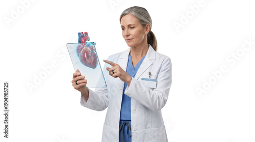 Doctor examining holographic heart model on transparent background