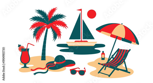 Relaxing beach scene with sailboat, palm tree, and lounge chair under umbrella on sandy shore at sunset