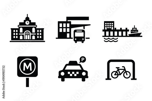 Transportation Hubs and Icons: Station, Bus, Ferry, Taxi
