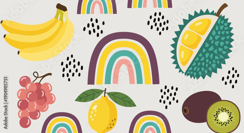 A colorful illustration featuring fruits and rainbows in a playful pattern