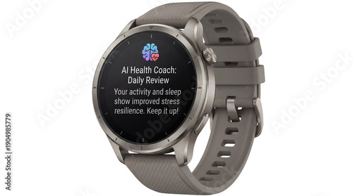 Smartwatch with AI health coach notification on transparent background