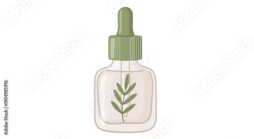 A minimalist illustration of a green leaf in a glass dropper bottle, symbolizing natural skincare products viewed from the front.