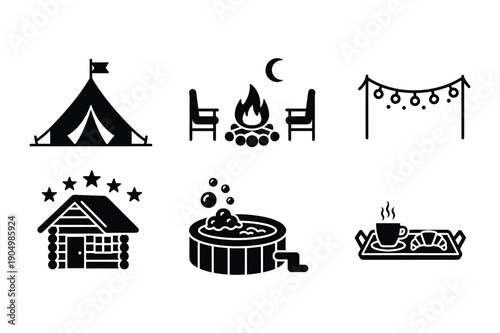 Cozy Cabin and Camping Icons: Tent, Fireplace, Hot Tub, Breakfast