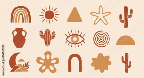 Collection of mystical symbols and shapes arranged in a grid pattern on a neutral background from a straightforward viewpoint