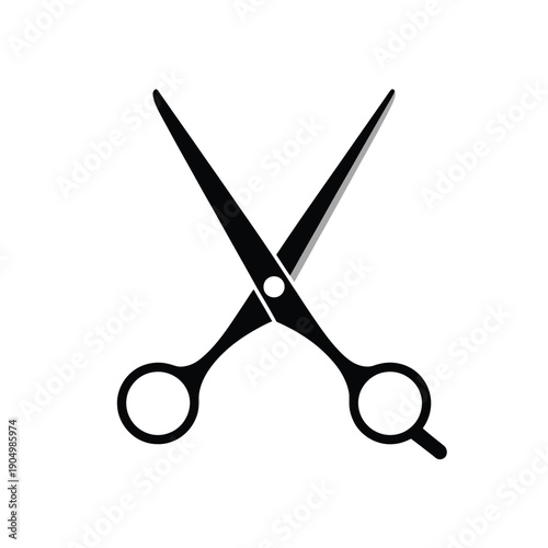 Classic pair of black scissors with circular handles resting in an x formation isolated on white background, Vector, illustration