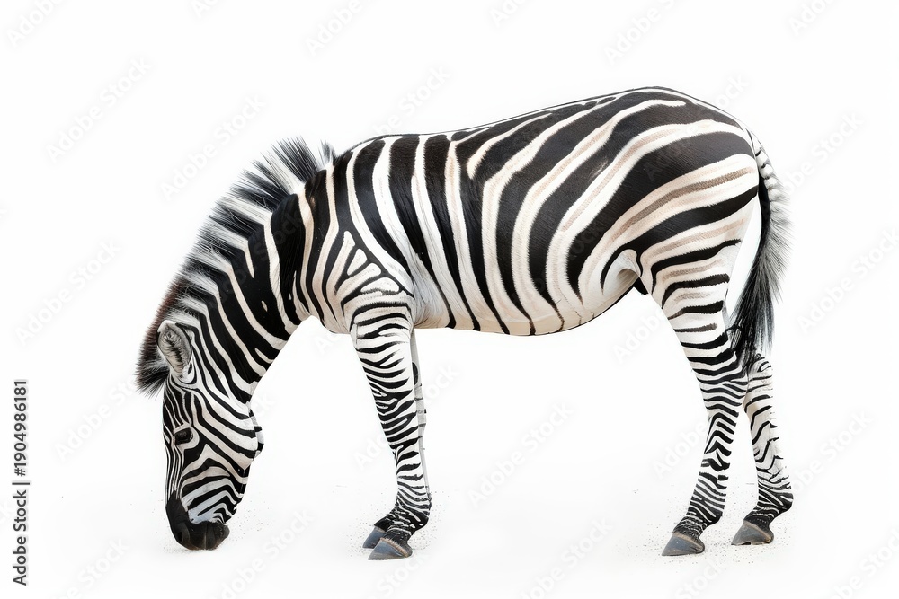 Fototapeta premium A striking image of a Zebra grazing serenely, showcasing its iconic black and white striped coat.