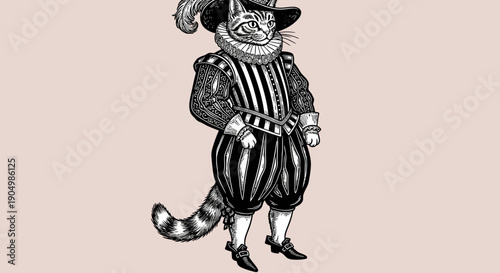 Anthropomorphic cat dressed in Renaissance attire standing elegantly in a classic pose