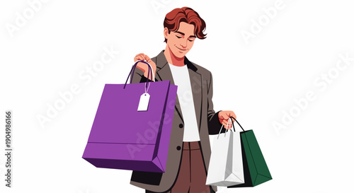 A young man happily holding multiple shopping bags, smiling in an urban environment