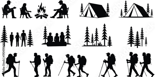 Adventurous group enjoying a camping and hiking expedition in nature isolated on white background, Vector, illustration
