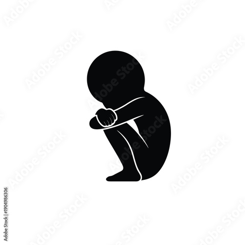 A black and white silhouette of a person sitting and holding their knees isolated on white background, Vector, illustration