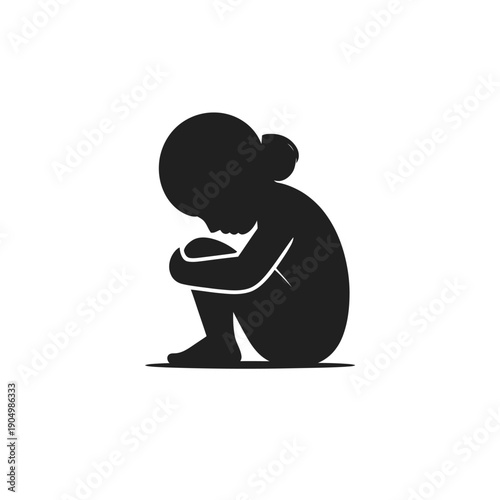 Silhouette of a person sitting with hands clasped and head lowered in contemplation isolated on white background, Vector, illustration