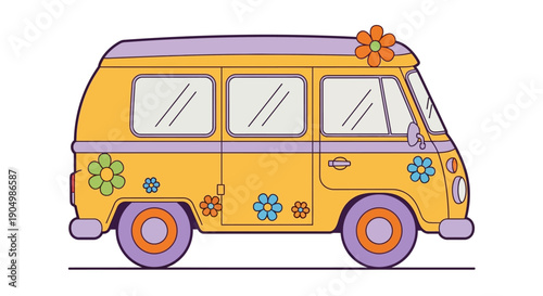 Vibrant cartoon van decorated with flowers driving on a sunny day from a side viewpoint
