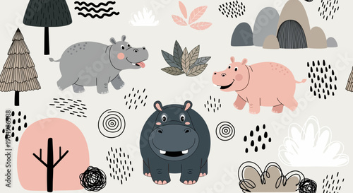 Illustration of hippos in a whimsical environment with plants and trees