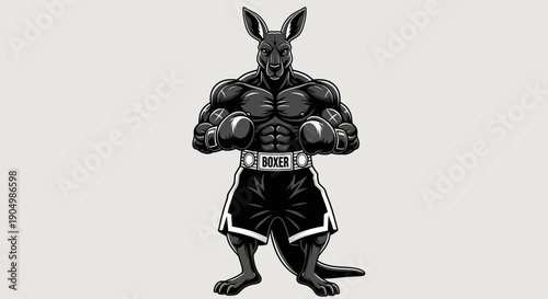 A muscular anthropomorphic rabbit wearing boxing gloves and shorts stands confidently in a fighting stance on a plain background