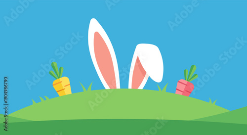 Easter bunny ears peeking over a grassy hill with carrots on a bright blue sky background